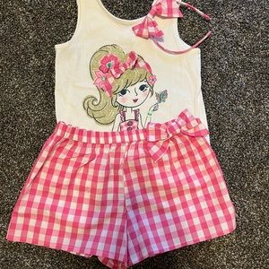 Girls shorts set with head band, NEWOT pink and white size size US 7-8